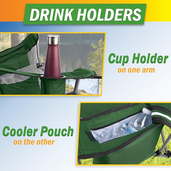 Camping Chair with Foot Rest - 300lb Capacity Beach Chair with Footrest Cupholder and Cooler Pouch - Portable Chair by Wakeman Outdoors (Green)