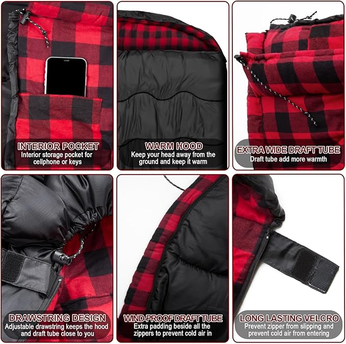 0 Degree Flannel Double Sleeping Bag for Adults Couples or Family - Winter Queen Size Waterproof &amp Warm 2-Person Sleeping Bag for Cold Weather Camping RV Travel
