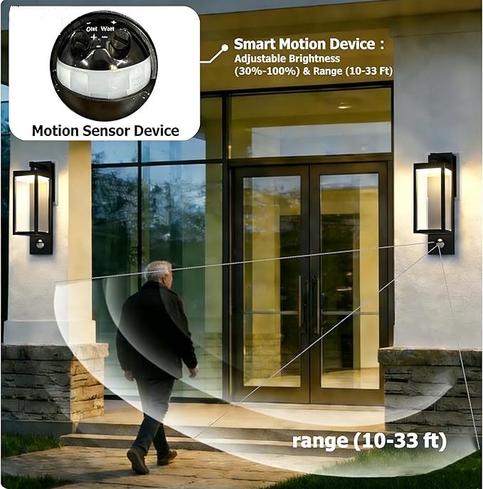 Modern Motion Sensor Outdoor Wall Light Sconce with Glass 850LM LED IP65 Waterproof Aluminum Lantern - Anti-Rust Exterior Lighting for Porch Garage Front Door PatioBlack
