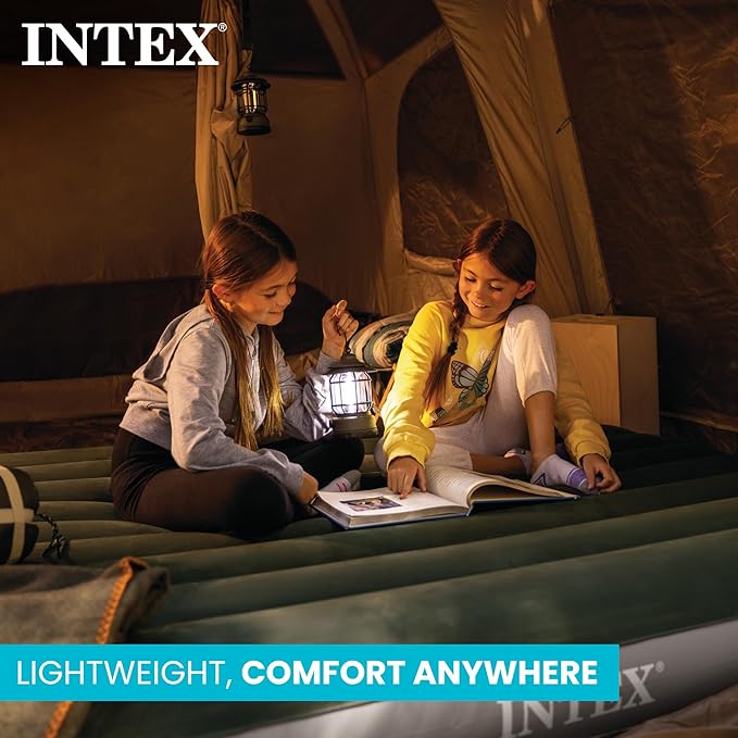 Intex 64763E Dura-Beam Standard Downy Air Mattress: Fiber-Tech – Queen Size – Built-in Foot Pump – 10in Bed Height – 600lb Weight Capacity