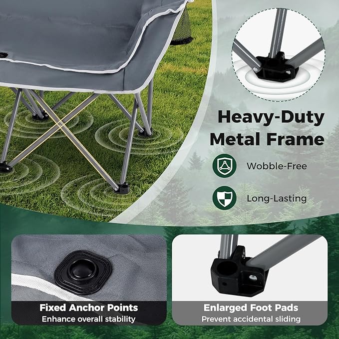 Tangkula 2 Person Camping Chair Portable Oversized Outdoor Folding Camp Chair Loveseat with Padded Seat Cup Holder Carry Bag Heavy Duty Lawn Chair for Beach Fishing Travel (Gray 2-Person)
