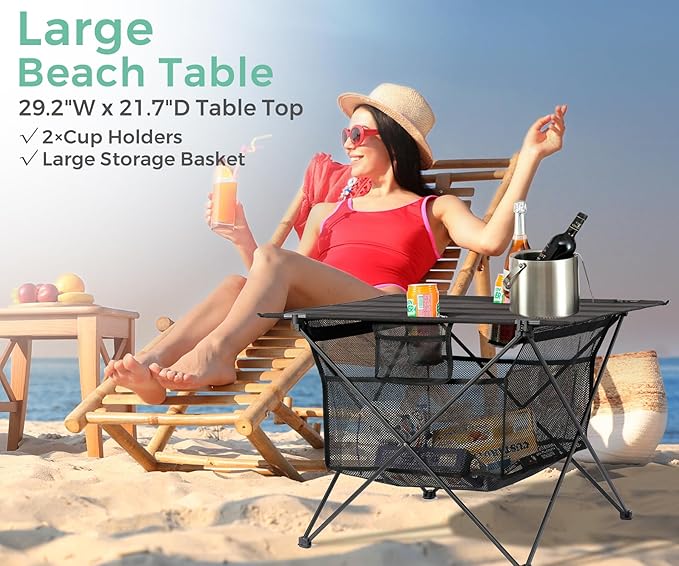 Lightweight Camping Table - Portable Folding Beach Side Table w/2 Cup Holders &amp Large Storage Basket Compact Fold for Tailgate Travel Outdoor Fishing Picnic | 29.2 W x 21.7 D (Black)