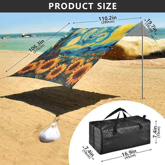 Camping Sun Shelters Sunflowers Starry Sky Painting Beach Canopy 126 * 110.2in