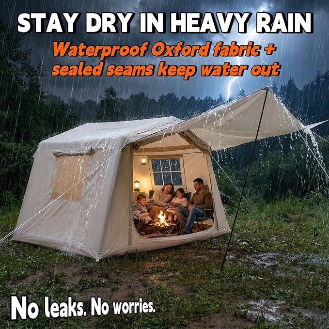 Inflatable Tent with Canopy for Camping 4/6/8 Person Large Family Air Tent 5 Min Easy Setup with Pump 4 Season Waterproof Oxford Camping Tent with Stove Jack &amp AC Port 8x10 FT Beige