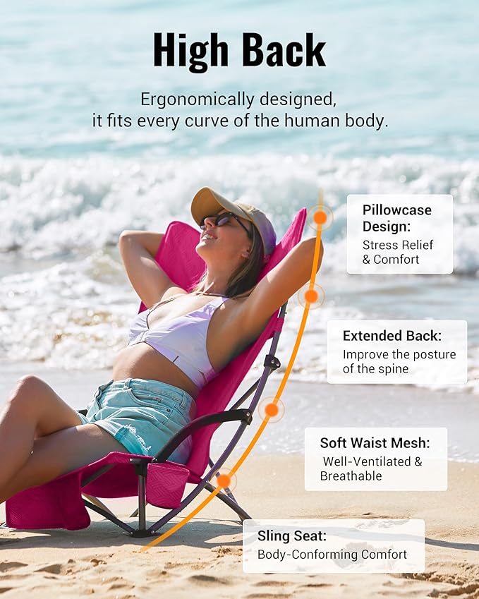 KingCamp Low Beach Chair High Back Folding Camping Chair for Adults Oversized Breathable Mesh Seat 300lbs Heavy Duty Portable Chair with Cup Holder &amp Storage Pockets for Beach Outdoor