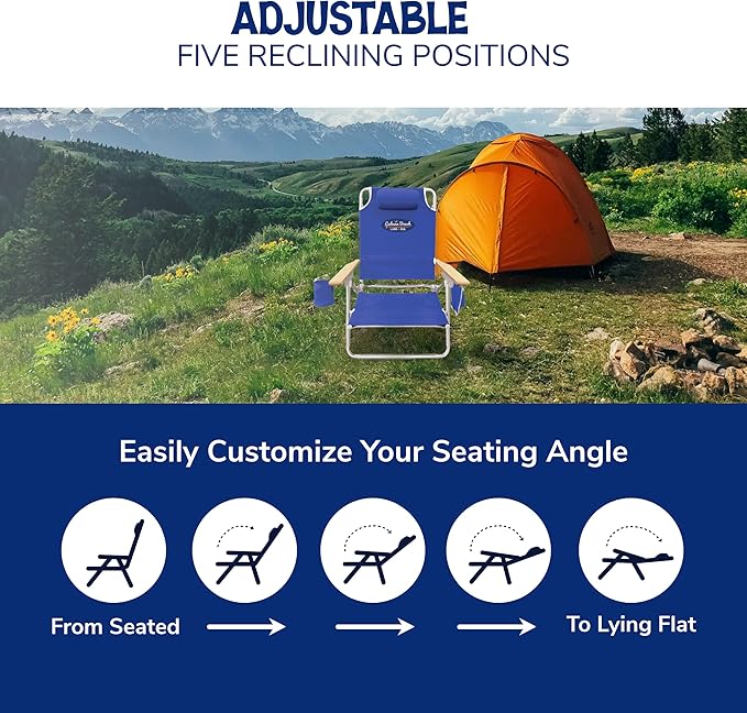 Cabana Beach Folding Beach Chair 5 Position Lightweight Portable Reclining Outdoor Camping Accessories with Headrest Shoulder Strap and Cup Holder Blue