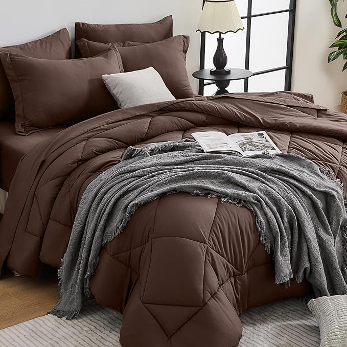 HEVUMYI Brown Full Comforter Set - 7-Piece All Season Bed in a Bag Full Ultra Soft Bedding Set with Comforter Flat Sheet Fitted Sheet Pillowcases Pillow Shams
