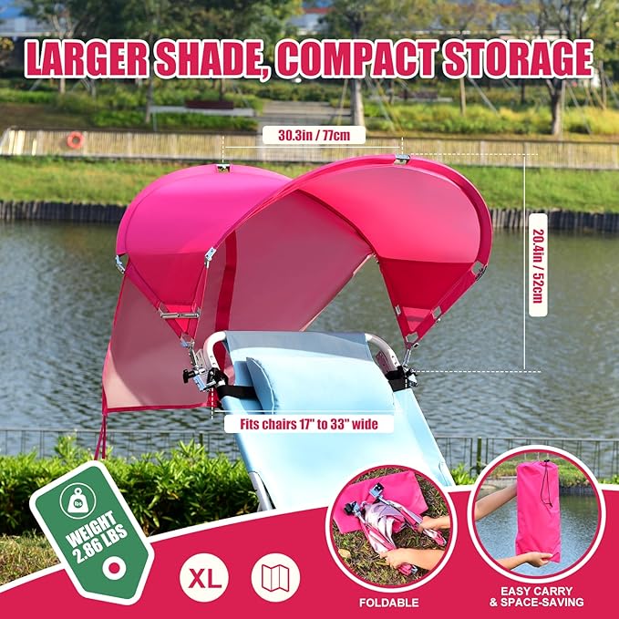 XL Universal Beach Chair Umbrella Canopy UPF 50+ Chair Sun Shade Attachment with Adjustable Clamp for Camping Lawn Wheelchair Tanning Zero Gravity Lounge Outdoor Chairs Oversized 2 Pack
