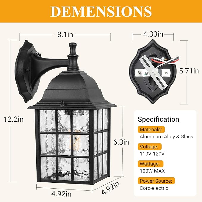 WIHTU 2-Pack Dusk to Dawn Outdoor Wall Lights Sensor Exterior Light Fixtures Porch Lights Black Waterproof Wall Sconces Outside Lighting for Garage Front Door