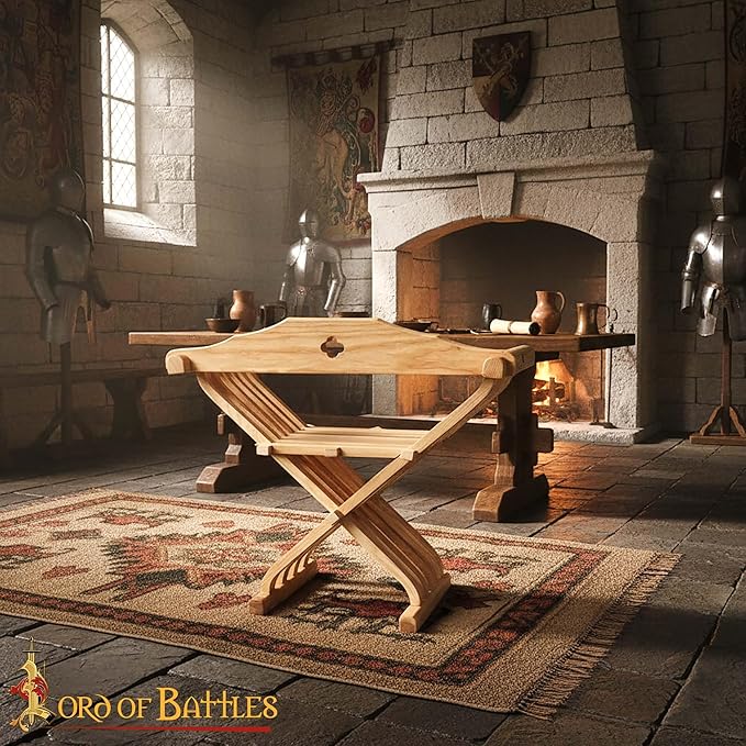 Lord of Battles Medieval Wooden Savonarola Chair with Backrest - Ash Wood Folding Camp Seat Bent Armrests &amp Detachable Back Support