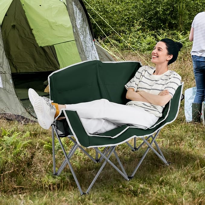 Tangkula 2 Person Camping Chair Portable Oversized Outdoor Folding Camp Chair Loveseat with Padded Seat Cup Holder Carry Bag Heavy Duty Lawn Chair for Beach Fishing Travel (2-PersonGreen)
