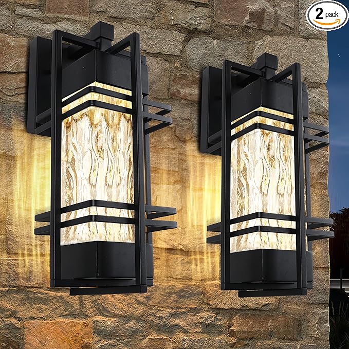 Outdoor Front Porch Light Fixtures Wall Mount Water Ripple Outdoor Wall Lantern2 Pack Black Exterior Lighting Fixtures Waterproof Sconce Lights Outside Lantern Lamp for Garage(Bulb Included)