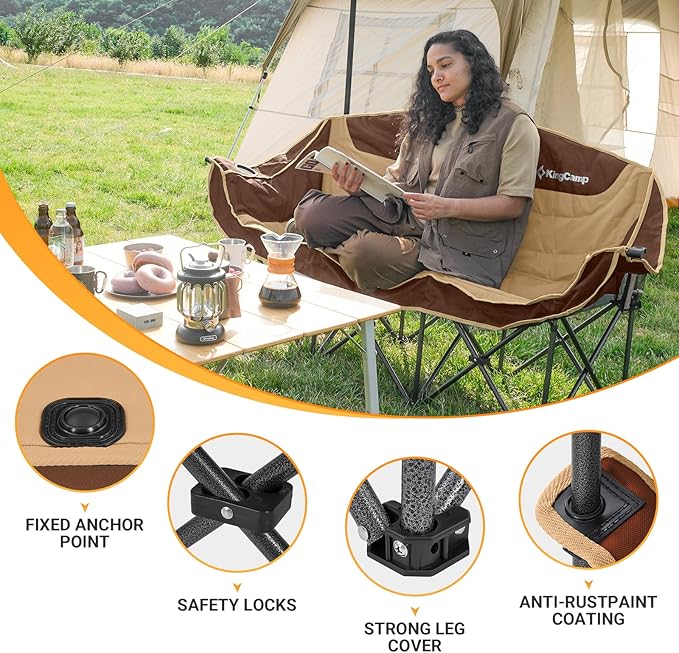 KingCamp 3 Person Camping Chair Oversized 660lbs Heavy Duty Loveseat for Adults Portable Folding XL 2 Person Couch Padded Comfortable Three Seat with Cup Holder for Outdoor Lawn Khaki/Coffee