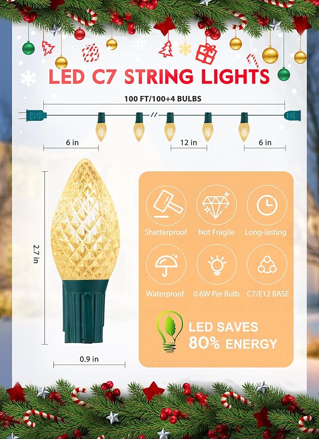 Brightown C7 LED Warm White Christmas Lights Outdoor 100FT String with 100 Plastic Bulbs Traditional Hanging Holiday Lights for Christmas Tree Patio Fence Roofline Xmas Decorations