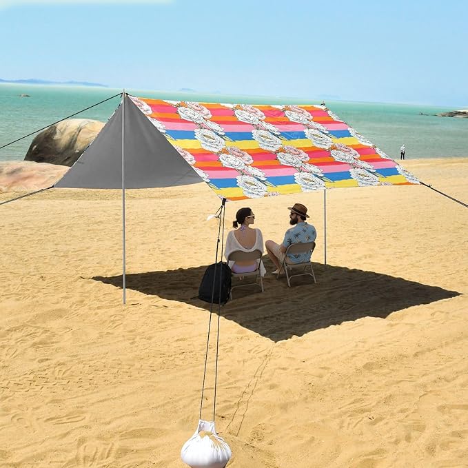 ALAZA Rose Flower Floral Stripes Beach Tent Sun Shelter UPF50+ Protection Beach Shade Canopy w/ 4 Sandbags for Outdoor Camping Fishing Backyard Fun Picnic 10x9 ft