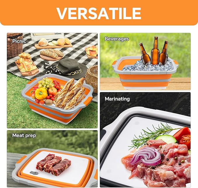 Collapsible BBQ Prep Tub for Meal Prep MarinatingFood Storage picnics camping barbecuescutting fruits and vegetables - Includes Cutting Board and Locking Lid(X-Large) Orange