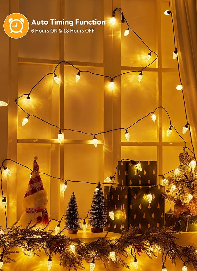 C9 Christmas Lights Outdoor 114 Feet 150 LED C9 String Lights with Timer &amp 8 Light Modes Waterproof Commercial Grade Connectable Christmas Tree Lights for Indoor Outside Roofline Patio Warm Whi