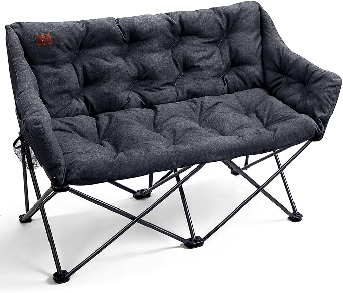 EVER ADVANCED Double Camping Chair for Adults Padded Folding Camping Loveseat Bench with Side Pocket Portable Camping Couch Two Person Heavy Duty Outdoor Chair with CushionSupport 600lbs Black