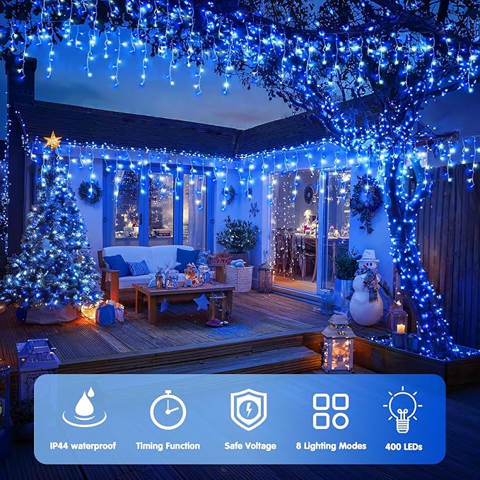 JMEXSUSS Blue&ampWhite Icicle Lights - 38.8FT 400 LED Icicle String Lights with Remote for Indoor/Outdoor House Bedroom Fireplace Birthday Christmas Decorations