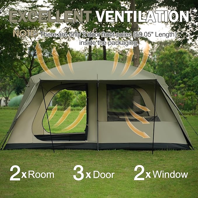 Vidalido 8-10 Person Camping Tent with 3 Door 2 Room Large Family Cabin Tents Double Layer Waterproof Portable Glamping Tent Big Tents for Outdoor Picnic Camping Hiking and Family Gathering