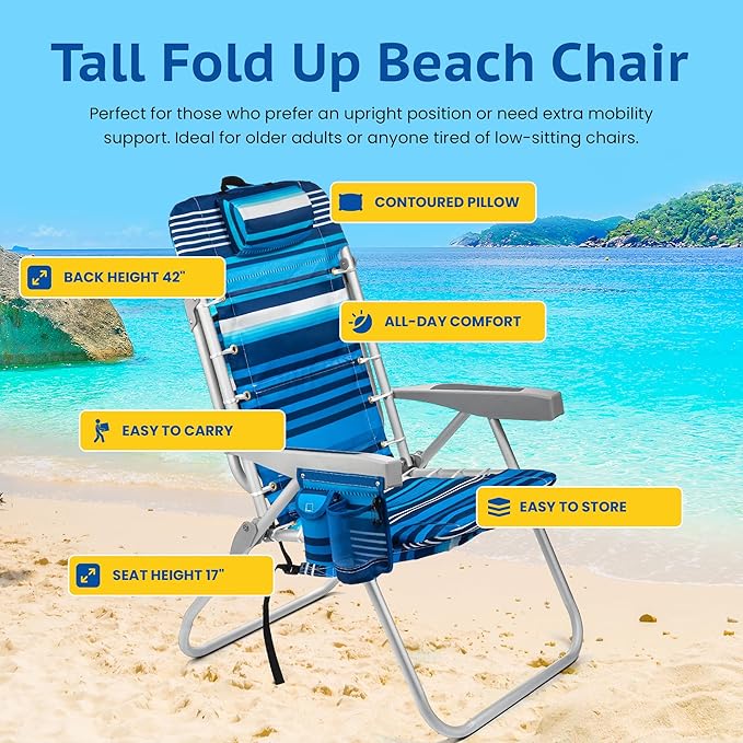Homevative Backpack Fold-Up Beach Chair 5 Positions Towel bar Cooler Storage Pouch Cup Holder and Phone Pocket