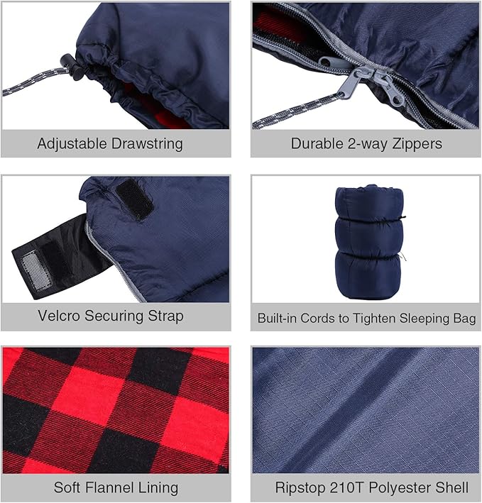 REDCAMP Cotton Flannel Sleeping Bag for Camping Backpacking Adults Cold Weather Envelope Sleeping Bags with 2/3/4/6lbs Filling