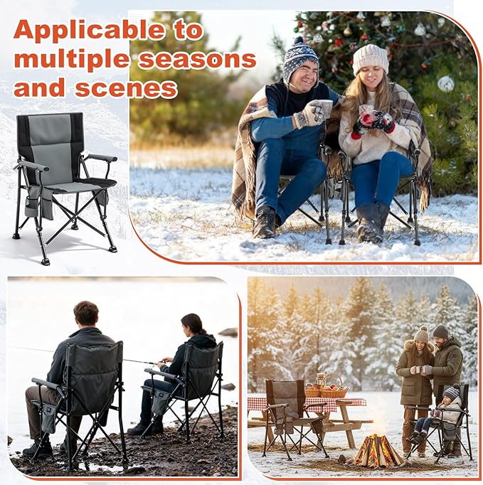 2 Pack Heated Camping Chair for Adults Outdoor Folding Heated Chair with Side Pocket and Cup Holder for Sports Lawn Hunting Picnics Patio Beach Power Bank Not Included