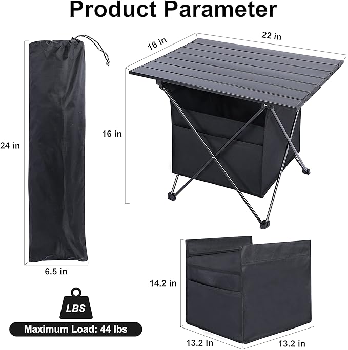 Portable Folding Aluminum Alloy Camping Table with High-Capacity Storage and Carry Bag Medium Size for Camping Traveling Hiking Fishing Beach BBQBlack