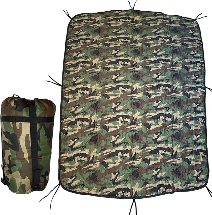 Camo Military Woobie Style Blanket- Waterproof Blankets with Adjustable Straps- 8 Pair Tie Cords military blanket with Reinforced Stitching- Ultralight RIBSTOP Travel Blanket for Camping &amp Outdoor