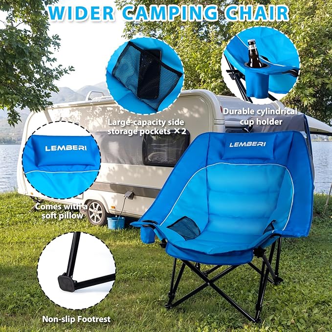 Outdoor Oversized Camping Chair Heavy Duty Support 500 LBS for Adults Portable Folding Wide Lawn Chair with Headrest Support and Cup Holder Low Camping Chair for Fishing Garden Blue