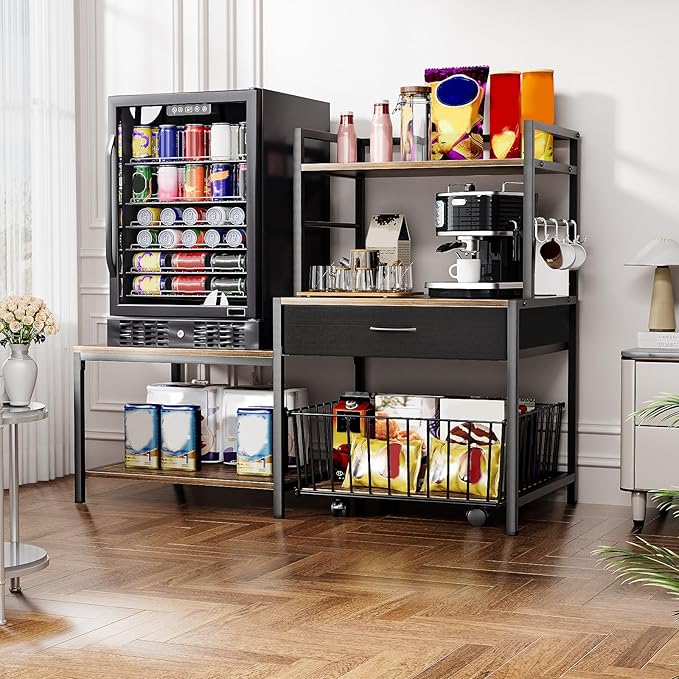 Bakers Rack with Mini Fridge Stand &amp Microwave Shelf – Coffee Bar with Drawer Rolling Basket Storage &amp Hooks – Heavy Duty Kitchen Organizer for Apartments Dorms &amp Living Rooms Brown