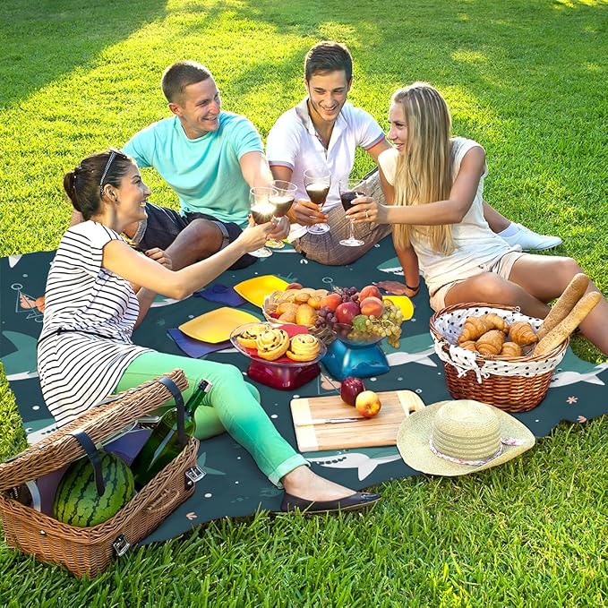 Waterproof Sandproof Beach Blanket 59''×68'' Sharks Polyester Outdoor Picnic Blanket with 4 Stakes &amp Storage Bag for BeachCampingVacation Oceans