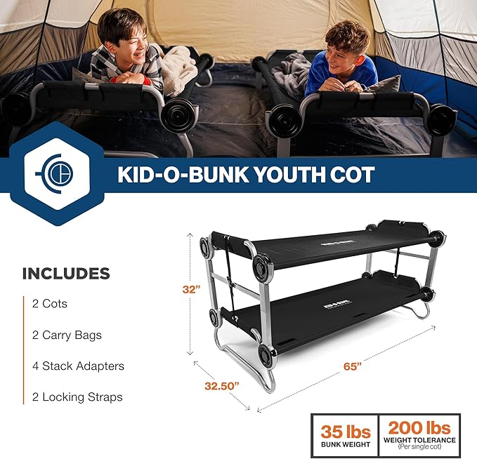 Disc-O-Bed Youth Double Cot Kid-O-Bunk Modular for Bunk Beds Dual Cots or Bench with 2 Carry Bags for Portable Transport