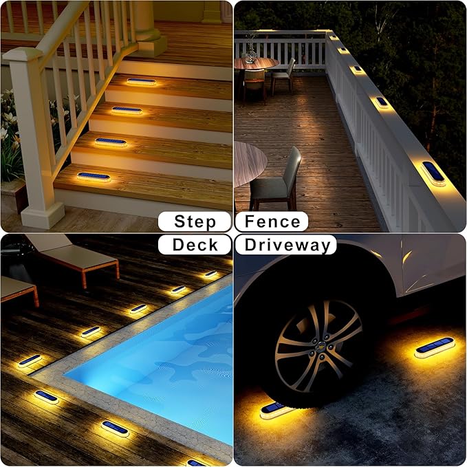 Solar Step Lights Outdoor Waterproof LED 4 Pack Warm White Flat Solar Powered Deck Lights for Outside Stick on Light Bar for Stair Dock Patio Garden Path Walkway Driveway Porch