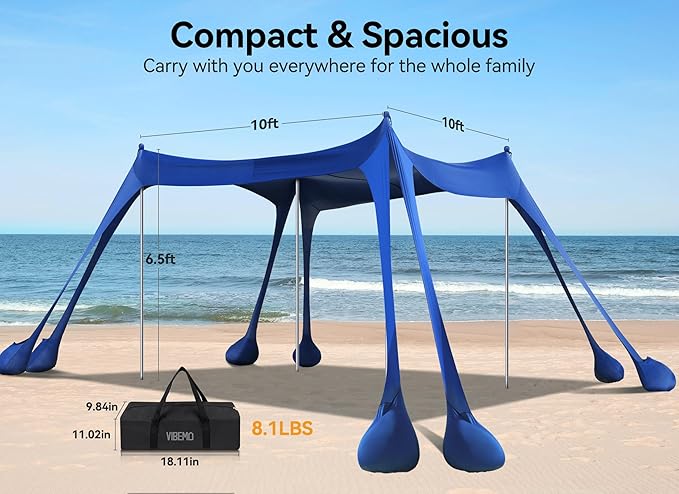 Beach Tent Beach Canopy Sun Shade with UPF50+ UV Protection 10x10ft Includes 8 Sandbags Sand Shovel Ground Pegs &amp 4 Stability Poles Pop Up Sun Shelter for Camping Picnics Backyard Fun
