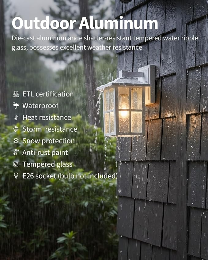 KDG Outdoor Waterproof Patio Wall Light Fixtures Set of 2 White E26 Socket Exterior Lanterns with Tempered Glass Modern Wall Mounted Lamp Suitable for Home Front Door Garden Garage Porch