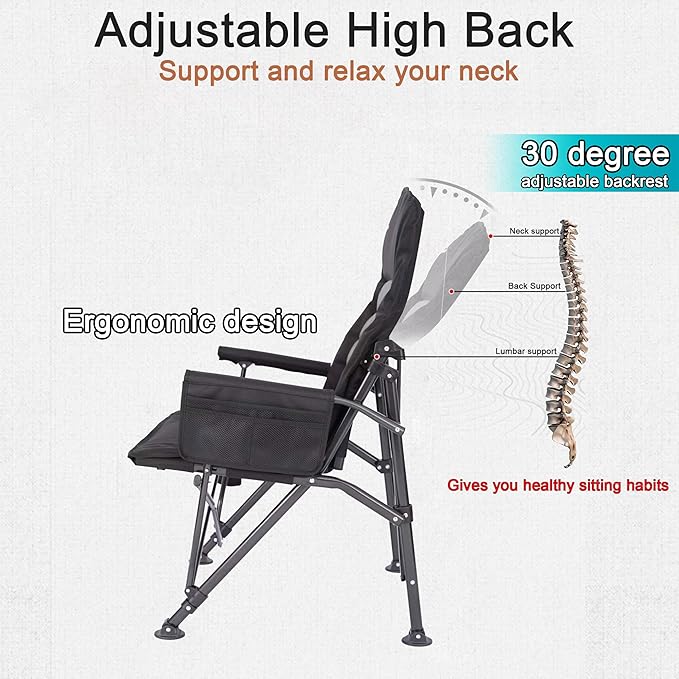 Camping ChairsAdjustable Backrest ChairOversized Lawn Chair Supports 350lbsOut Door Folding Chairs with Side Pockets and Cup HolderIdeal for BeachFishingCampingPatio Relaxation