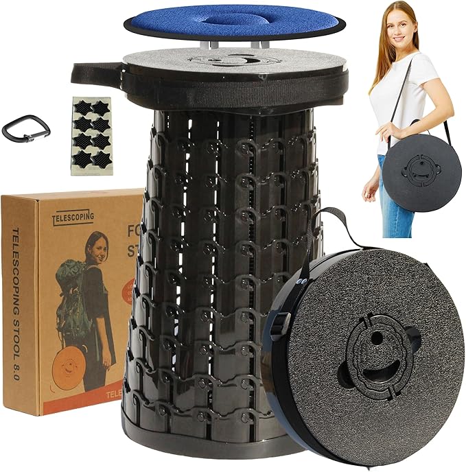 ALEVMOOM 2026 Upgraded XXL 19.7 Collapsible Stool with Cushion 1000lbs Max Weight Heavy Duty Portable Telescoping Stool Retractable Seat Folding Chair for Camping Fishing Hiking(Black-XXL)