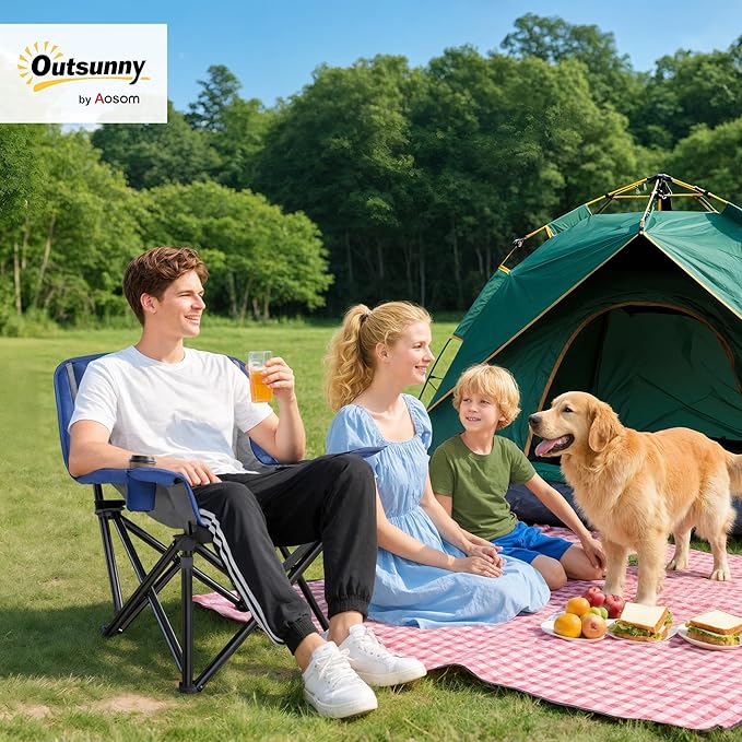 Outsunny Double Camping Chair for Adults Padded Folding Camp Chair for 2 Person with Armrest Wine Glass Holder Cup Holder Carry Bag for Outdoor Sports Picnics Supports up to 552 lbs.