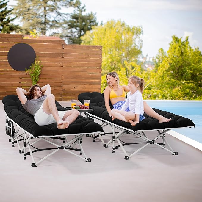 YITAHOME 2 Pcs Camping Cots w/Mattress Portable Lounge Chair Outdoor Folding Cot Heavy Duty 575 LB Capacity 1200D Oxford w/Carry Bag Travel Camp Bed for Camping Office Traveling Black