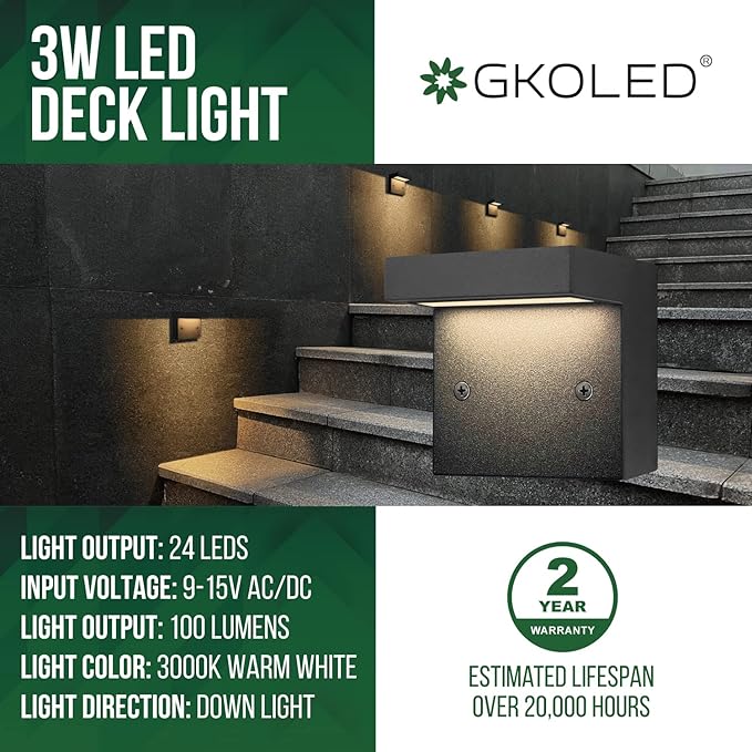 GKOLED 2-Pack Low Voltage LED Deck Lights Landscape Step Wall Stair Railing Post Lighting with 3W Integrated LED Chips IP65 Waterproof for Outdoor Die-cast Aluminum Black Powder Coated Finish