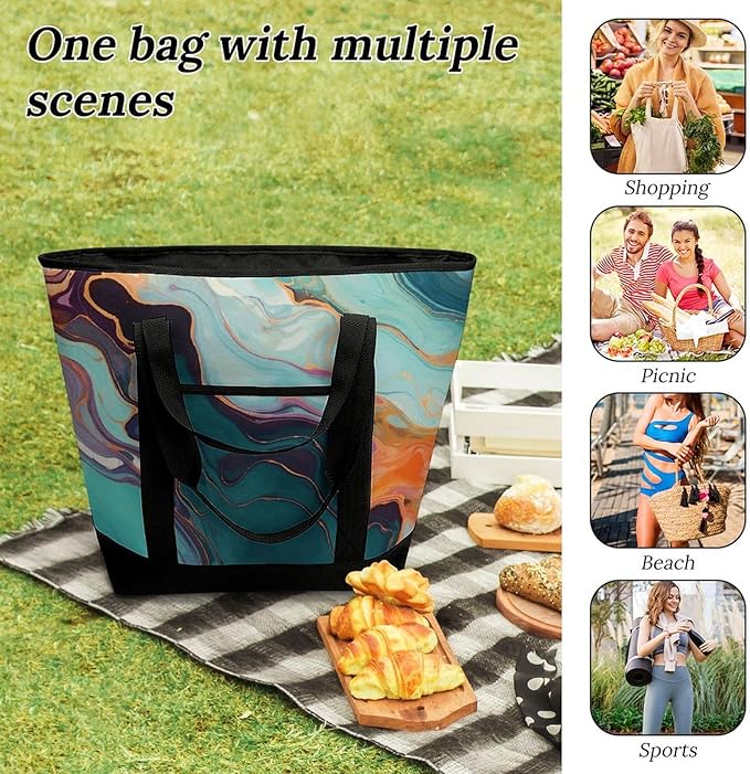 Insulated Shopping BagLarge Reusable Cooler Bags Colourful Marble Printed Foldable Shopping BagTravel Waterproof Shoulder Bag