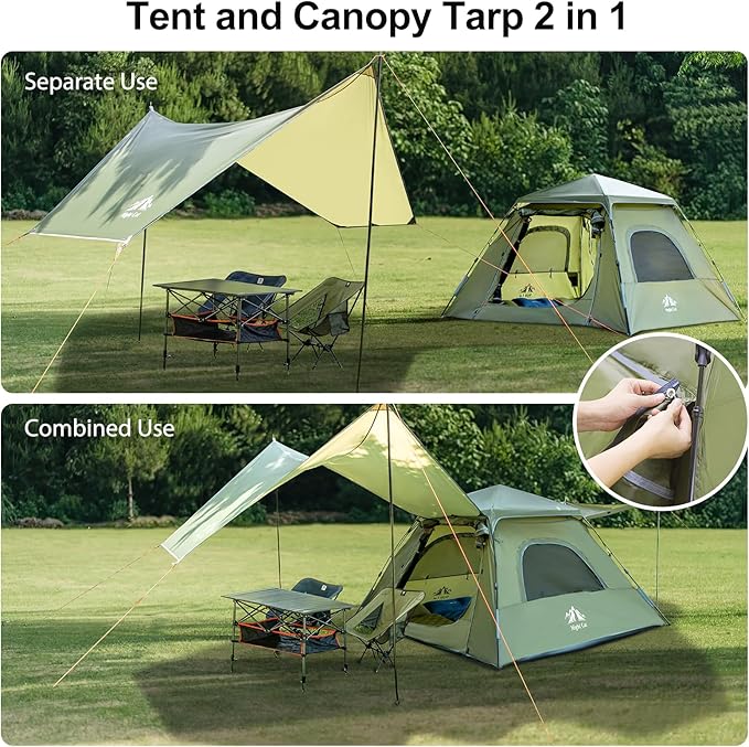 Night Cat 3-Person Camping Tent: Waterproof Instant Cabin Tent with Canopy Tarp for Family 2-in-1 Canopy Tent with Porch Easy Setup