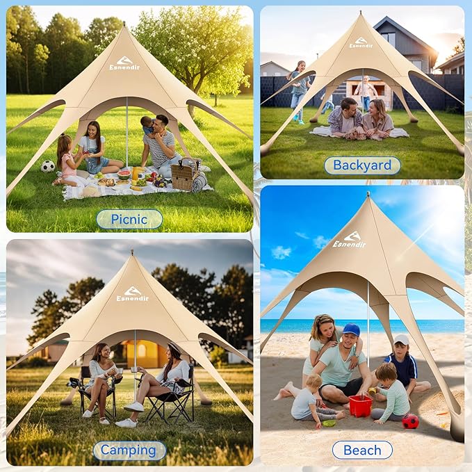 Beach Tent Sun Shelter &amp Portable Beach Canopy UPF 80+ UV Protection Beach Shade Canopy with 6 Sandbags Sand Shovel Ground Pegs for Outdoor Camping Picnics (Beige12x12FT)
