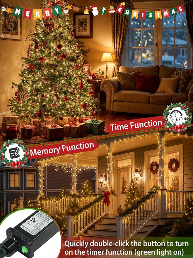 2-Pack 66FT 200 LED Christmas Lights 13 Modes Extendable Christmas Tree Lights with Timer &amp Memory Waterproof Twinkle Fairy Lights Green Wire Outdoor String Lights Indoor for Xmas Tree (Warm Whi