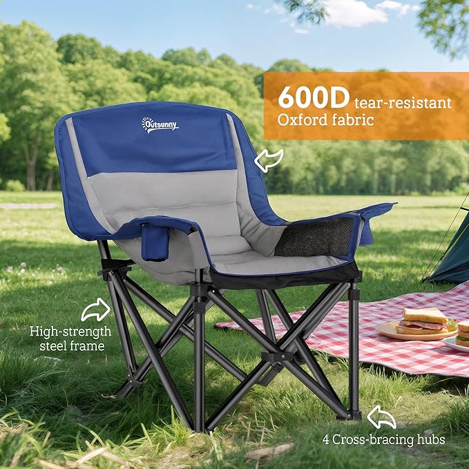 Outsunny Double Camping Chair for Adults Padded Folding Camp Chair for 2 Person with Armrest Wine Glass Holder Cup Holder Carry Bag for Outdoor Sports Picnics Supports up to 552 lbs.