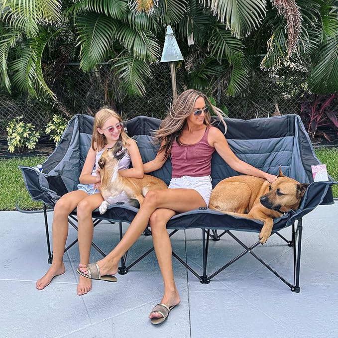 3 Person Camping Chairs Folding Double Camping Chair Portable Oversized Loveseat Padded Camp Chair Heavy Duty Camping Couch for Adults Outdoor Lawn with Two Cup Holders and Carry Bag