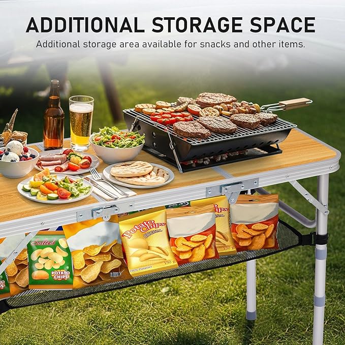 VINGLI Small Folding Table Portable 3FT Aluminum Foldable Camping Table for Picnic Card Table with 3 Adjustable Height &amp Carry Handle for Outdoor Indoor Hiking Camp BBQ Beach-Natural