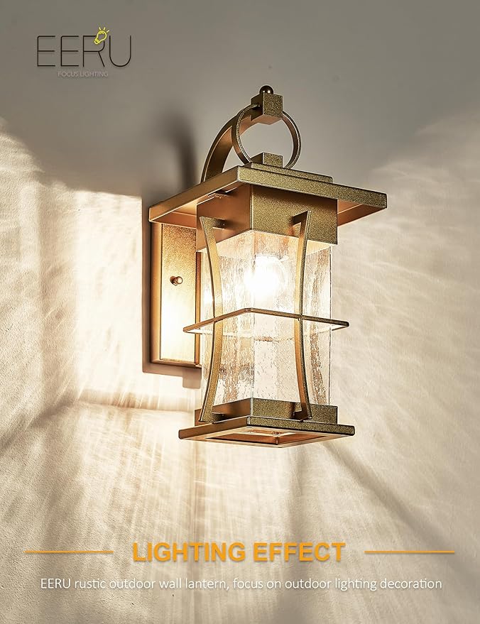 Gold Dusk to Dawn Outdoor Wall Lantern Exterior Light Fixtures Wall Mount Porch Light with Photocell Sensor Waterproof Outside Sconce for House Patio GarageSeeded Glass Outside Wall Lamps