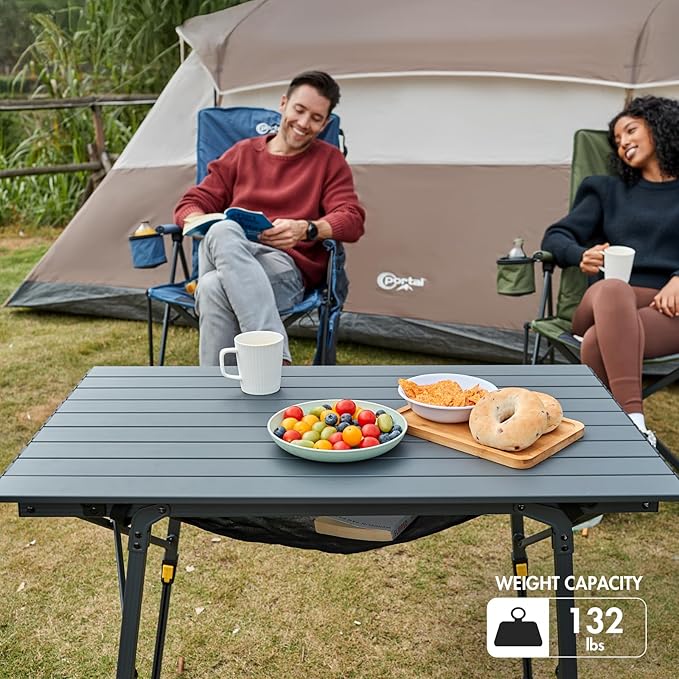 PORTAL Outdoor Folding Portable Picnic Camping Table with Adjustable Height Aluminum Roll Up Table Top Mesh Layer Dark Gray